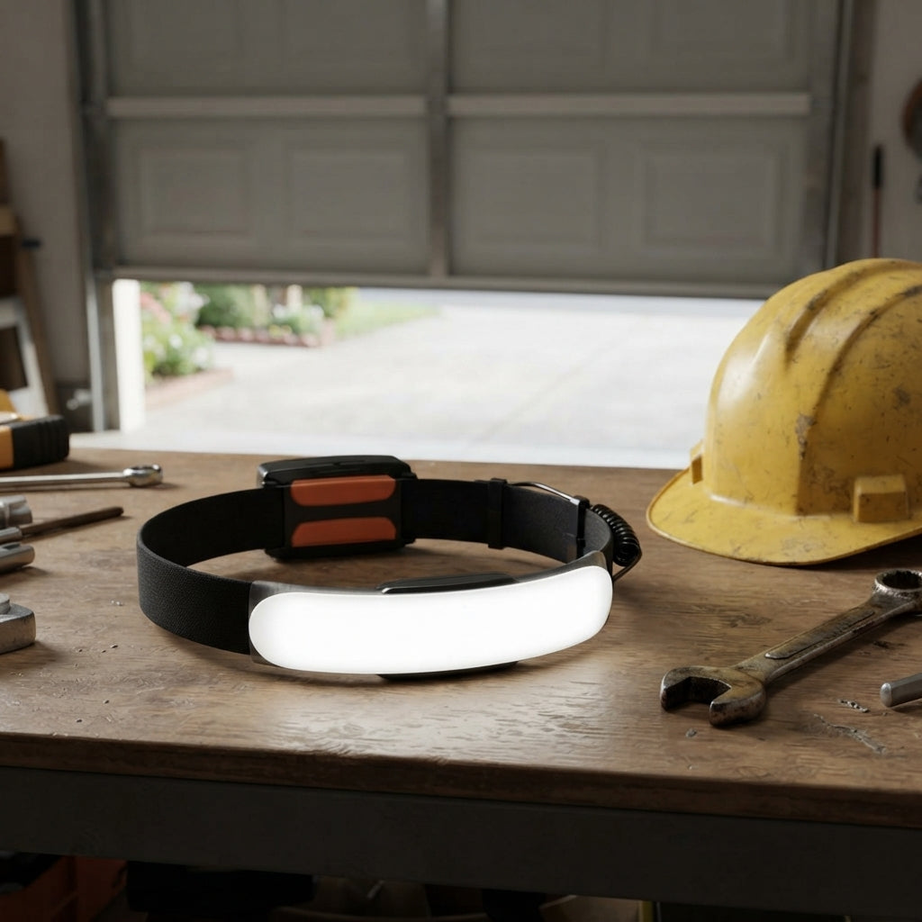 Camping headlamp on a workbench beside a hard hat and wrench