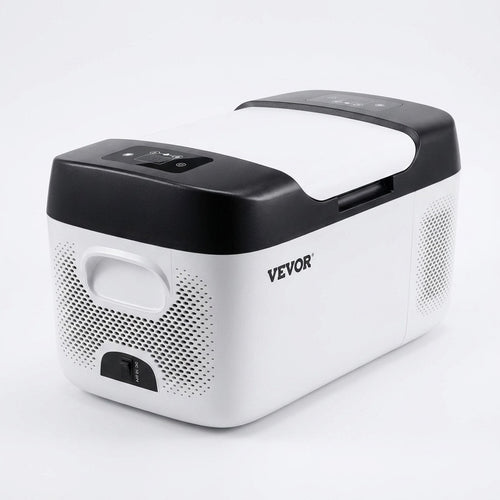 Portable electric cooler freezer in white and black on a plain white background