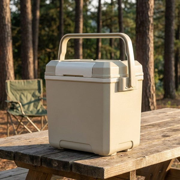 beige foam ice chest closed on a picnic table at a campsite