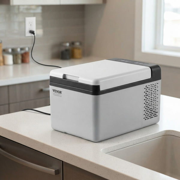 12v car freezer on a kitchen worktop running from the AC adapter