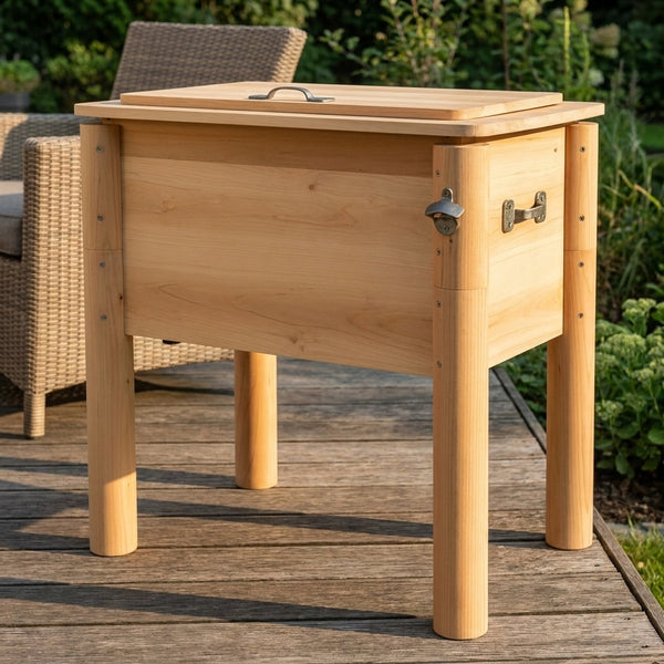 wooden ice chest standing on a deck as patio furniture