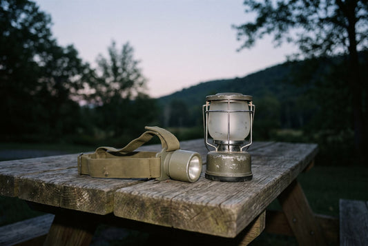 A head torch and a small camp lantern switched off on a picnic table at dusk