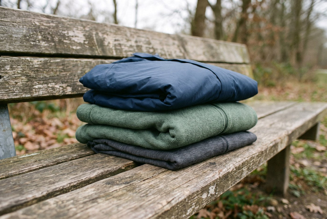 A thin base layer, a fleece and a waterproof shell stacked in three layers on a wooden bench