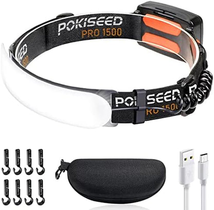 LED headlamp with storage case, USB-C charging cable and eight hard hat clips