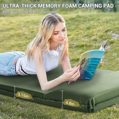 Self-inflating camping mattress rolled into carry bag