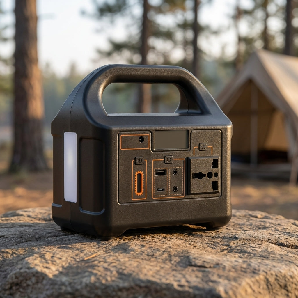 Portable power station 200W LiFePO4 solar generator on a rock at a pine campsite