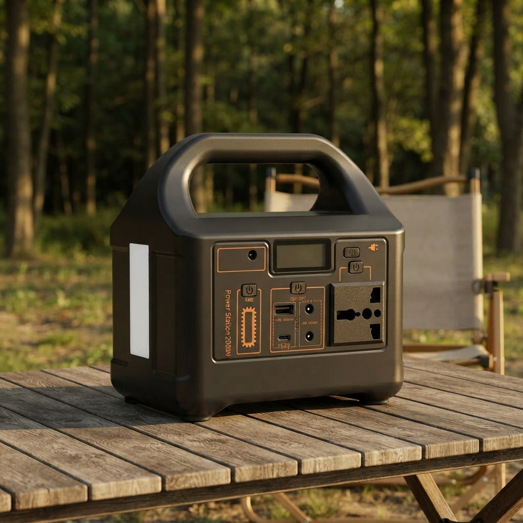 Portable power station 200W on a wooden camp table in late afternoon light