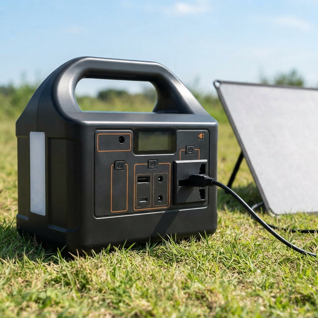 Portable power station recharging from a portable solar panel on grass