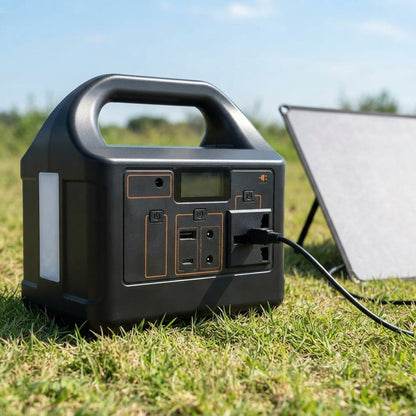 Portable power station recharging from a portable solar panel on grass