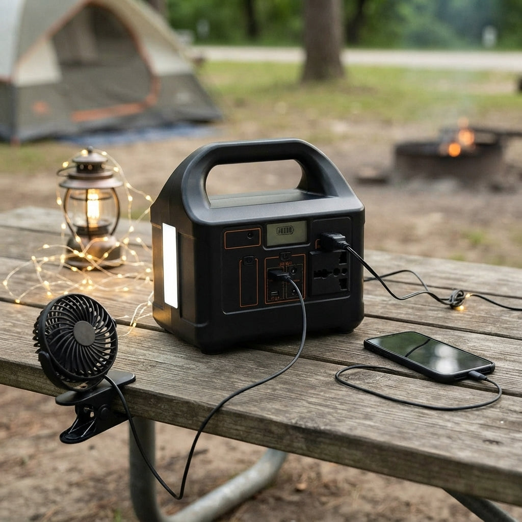 Portable power station running a clip fan, LED string lights and a phone at camp