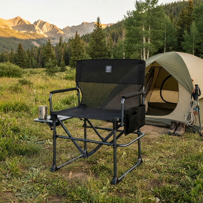 Directors camping chair at a mountain campsite