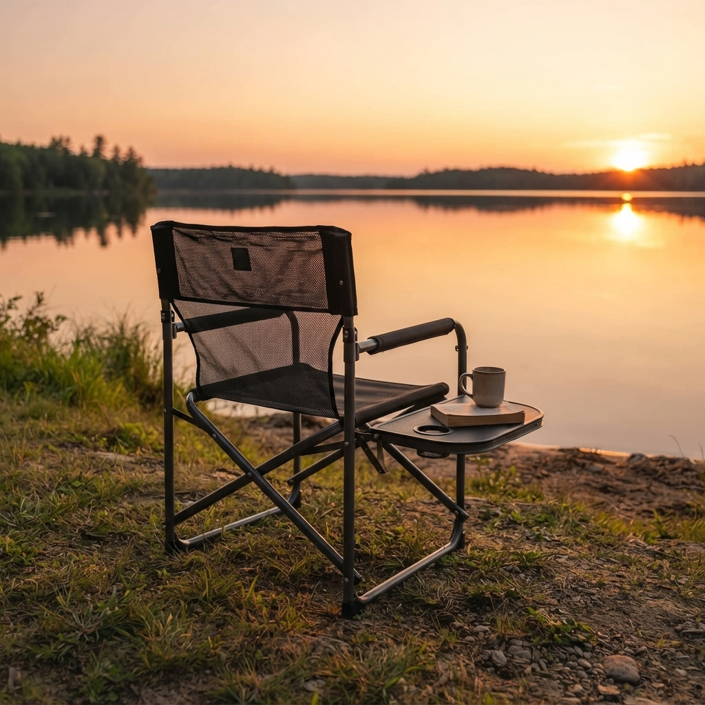 Directors camping chair by a lake at sunset