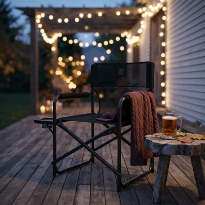 Directors camping chair on a patio in the evening