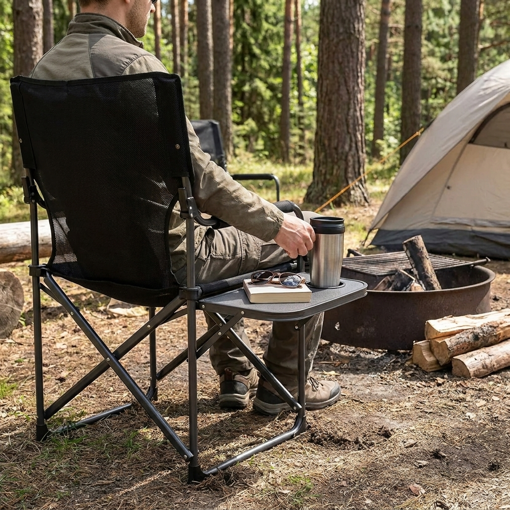 Person using the directors camping chair at a campsite
