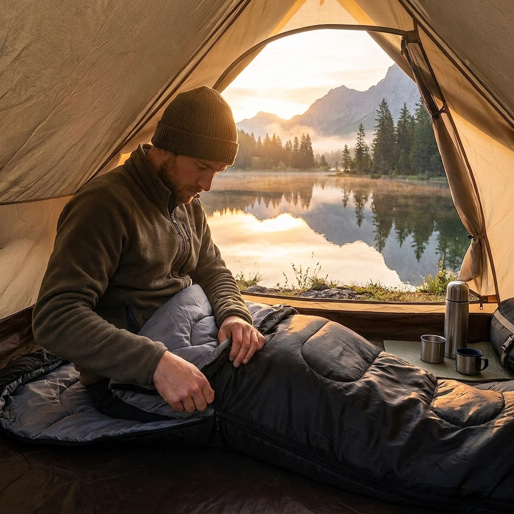 Camper settling into the sleeping bag inside a tent at dawn