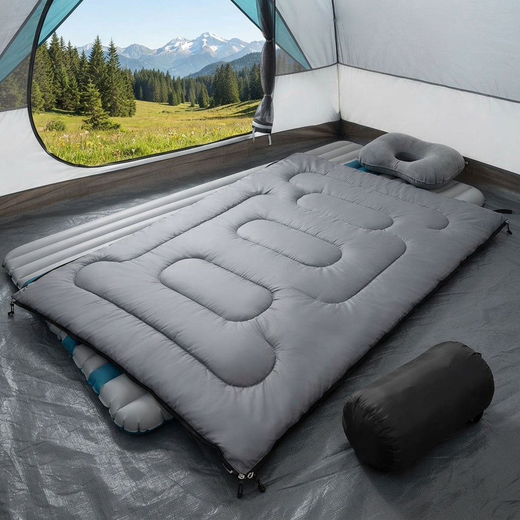 Sleeping bag unzipped showing roomy envelope-cut interior
