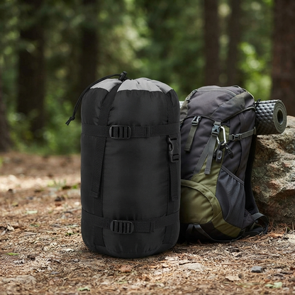 Sleeping bag packed into its compression sack at camp