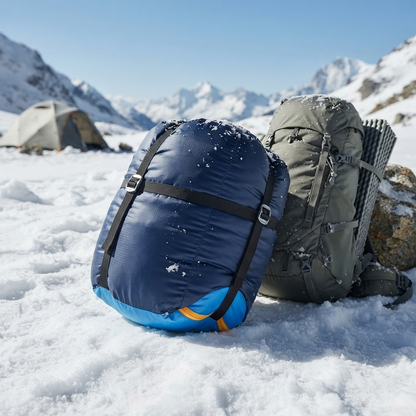 Sleeping bag packed at a snowy campsite