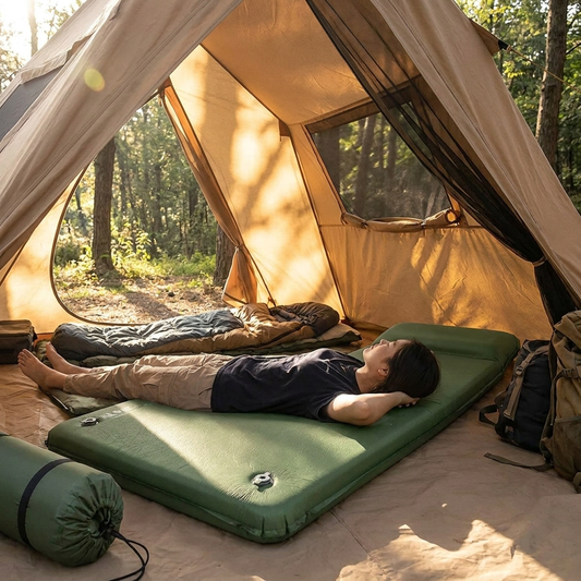 Camper lying comfortably on the thick sleeping pad