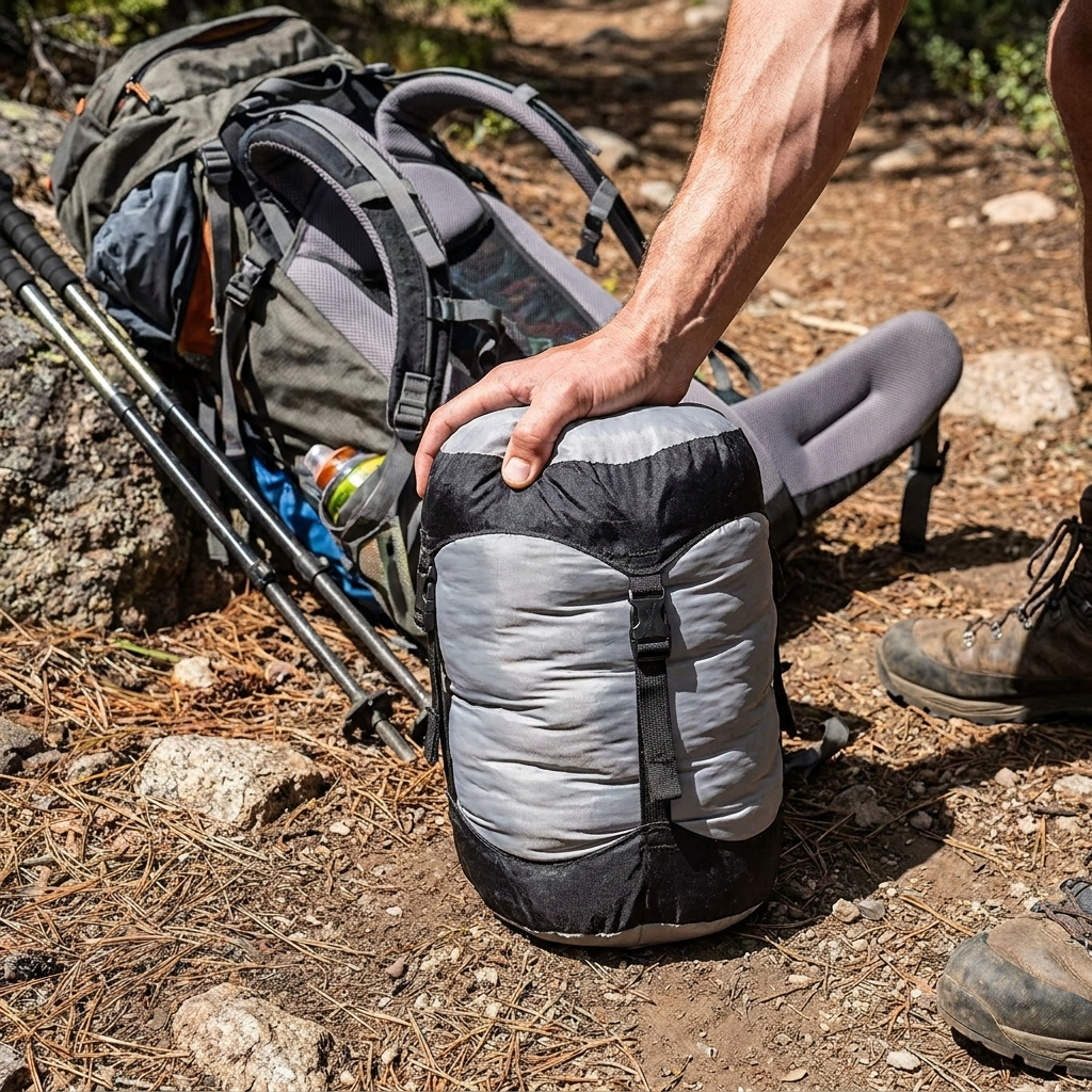 Compressing gear into the stuff sack on a trail