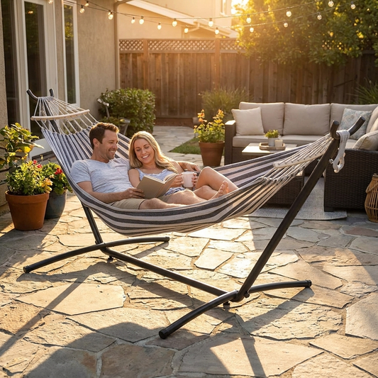 Two people relaxing in the hammock on a patio