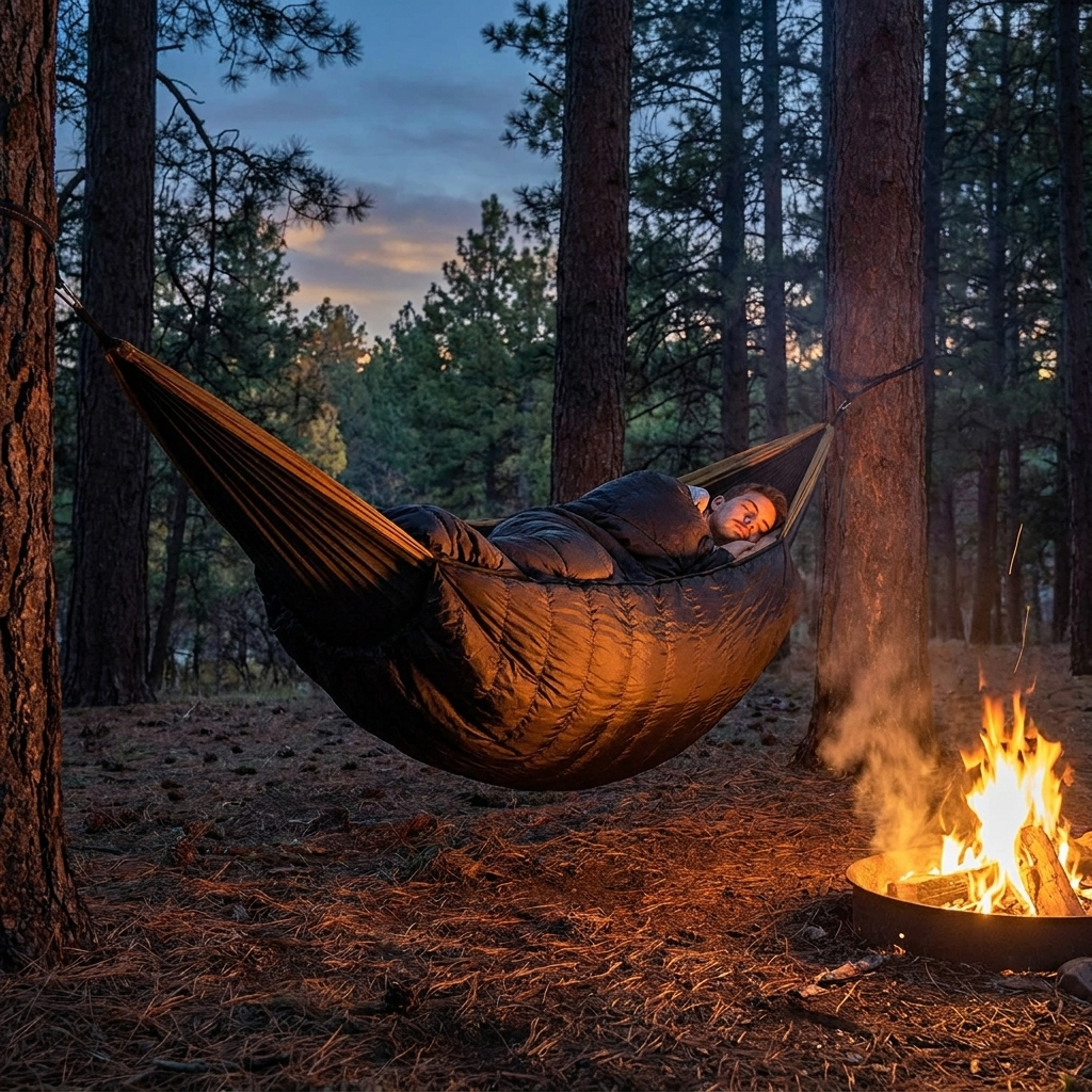 Sleeping in a hammock with the underquilt at dusk