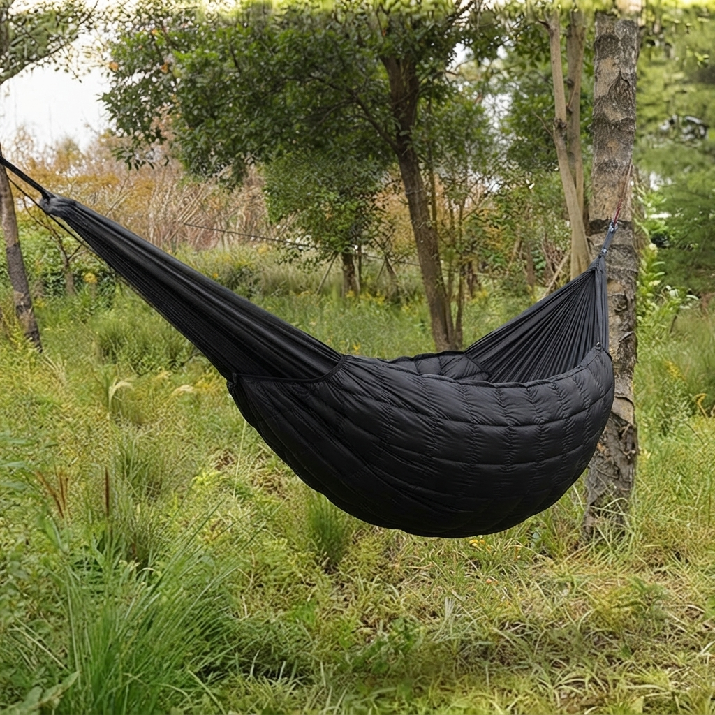 Underquilt hanging beneath an empty hammock
