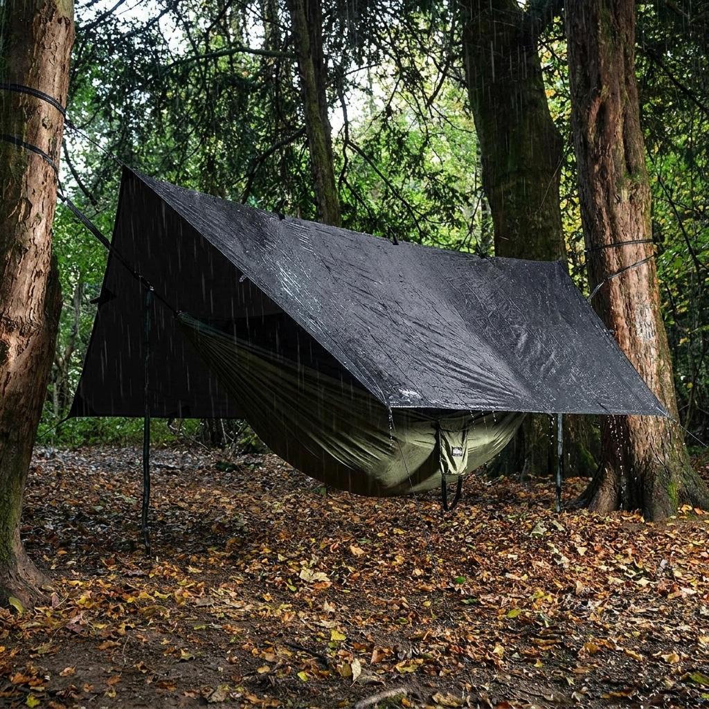 Tarp pitched as rain shelter over a hammock