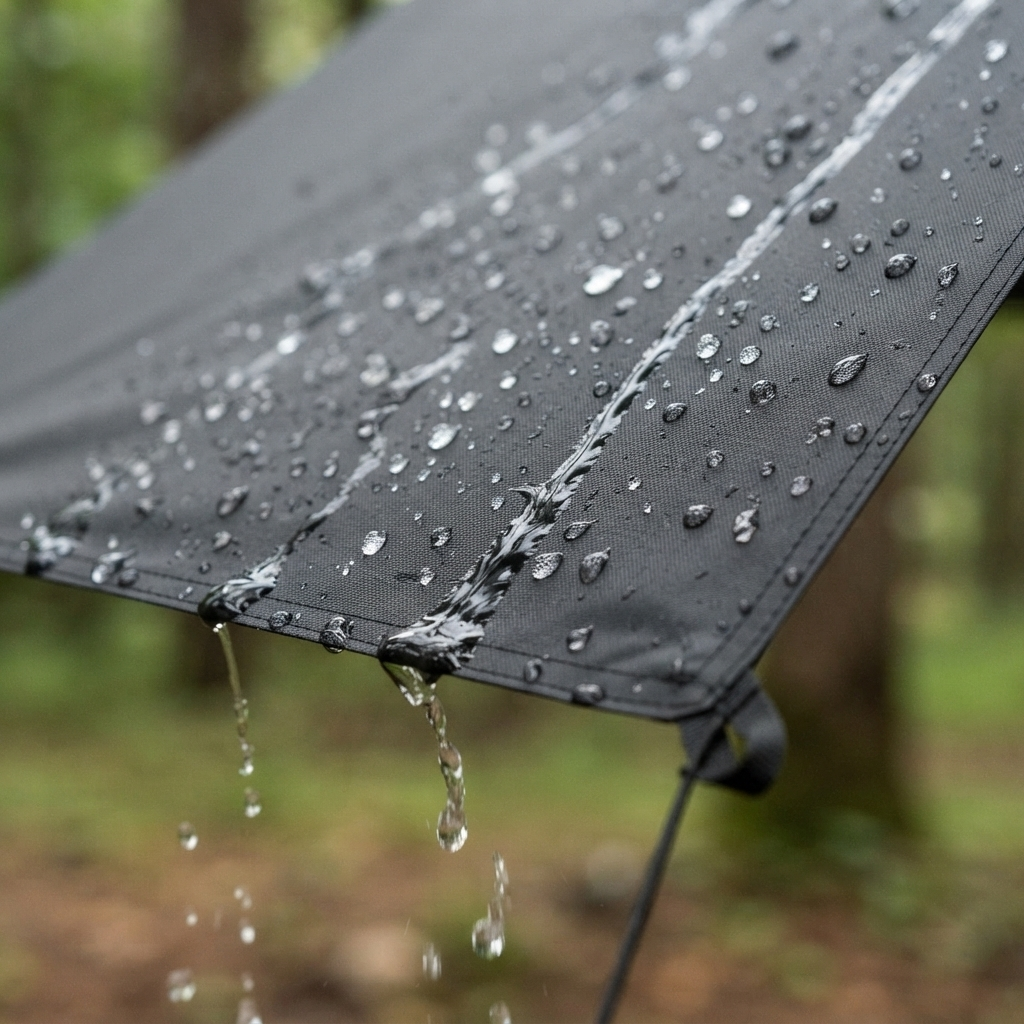 Water beading off the waterproof tarp fabric