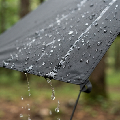 Water beading off the waterproof tarp fabric