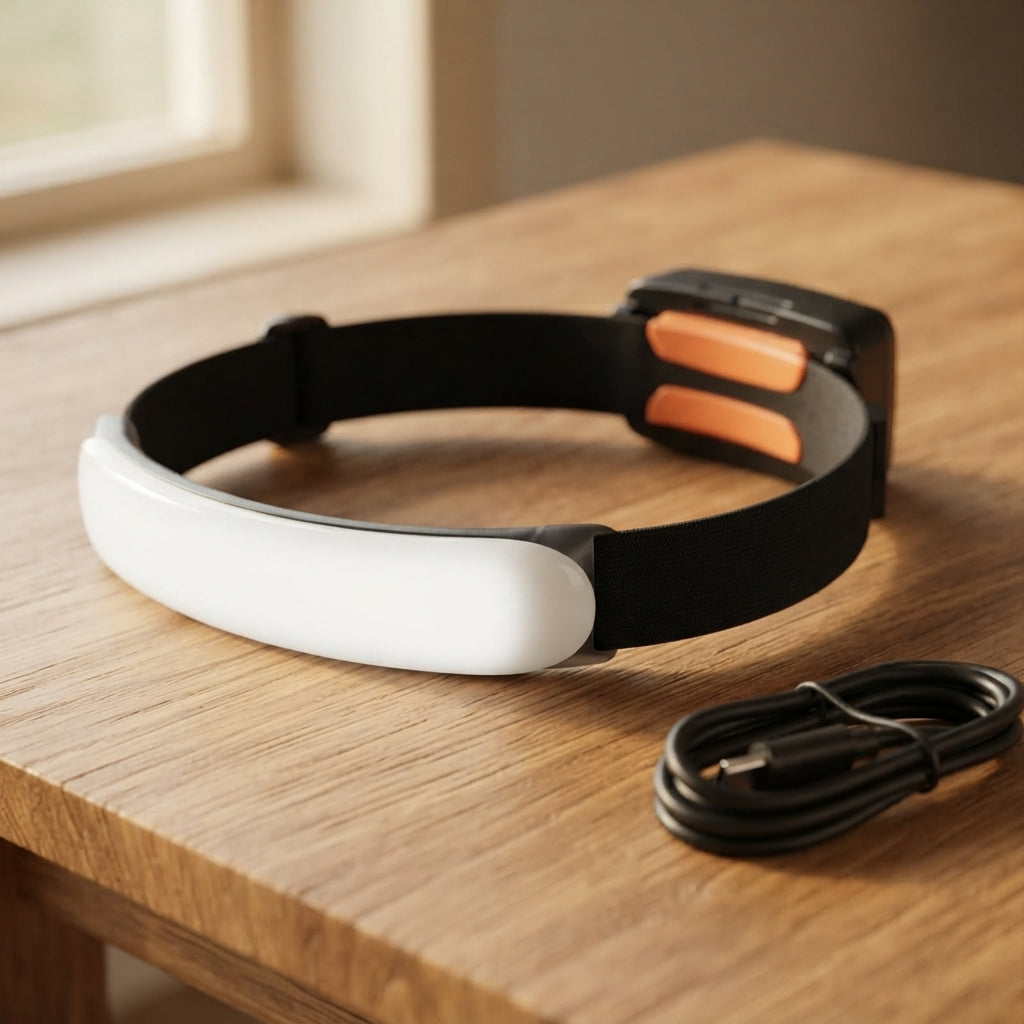 USB-C rechargeable headlamp on a wooden table beside its charging cable