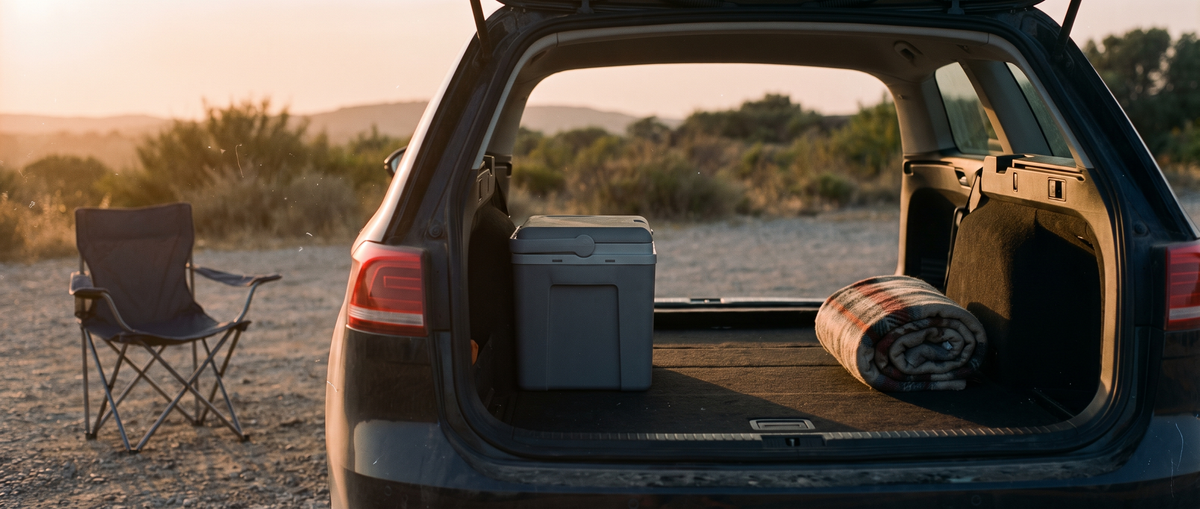 Open car tailgate with a portable cool box and a folding camp chair at a gravel pull-off