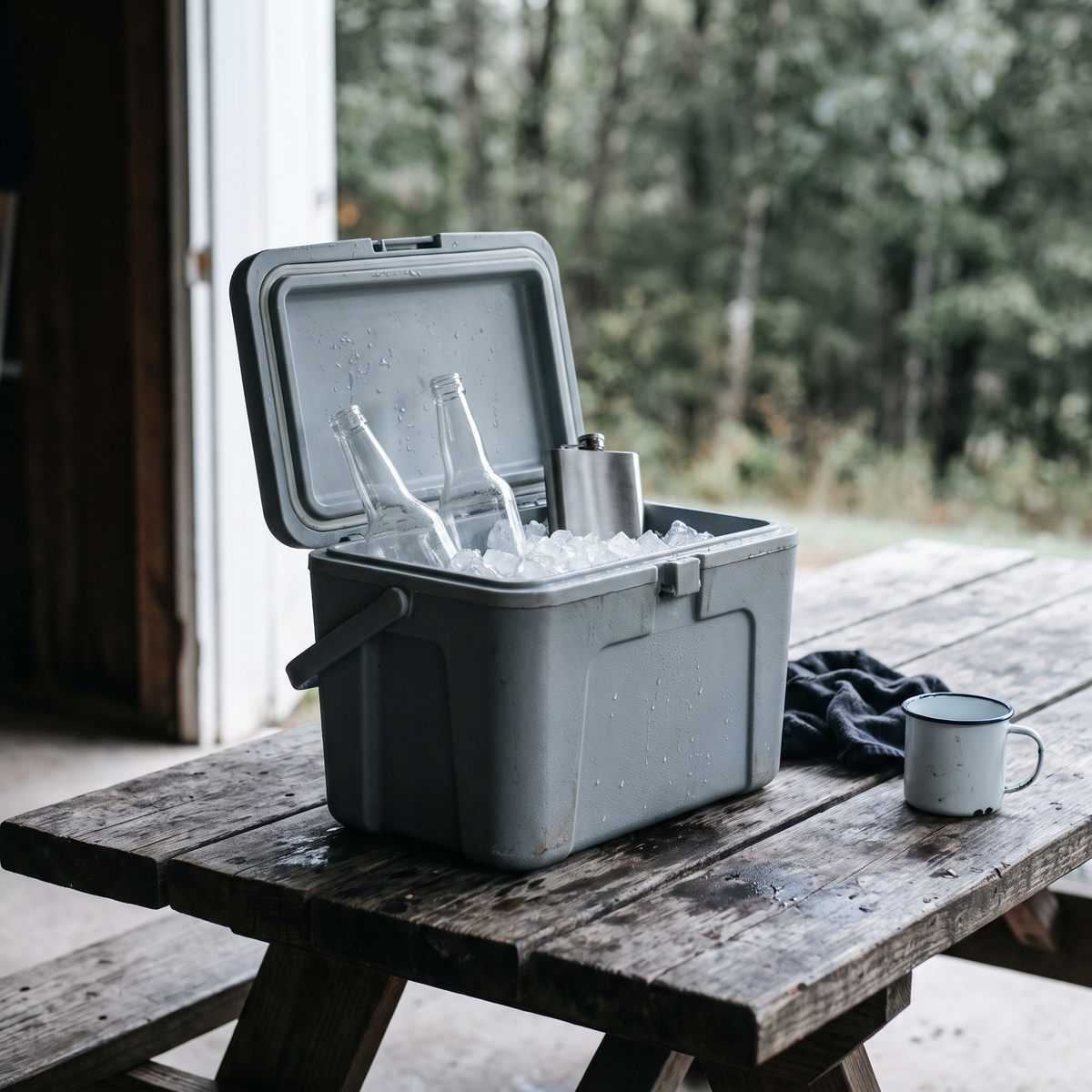 Open cool box packed with ice on a weathered picnic table