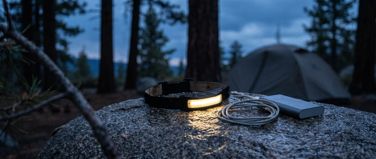 Rechargeable camp light and portable power box on a granite slab at dusk