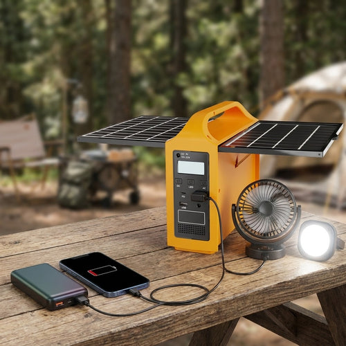 Solar power station 100W standing on a camp table at dusk