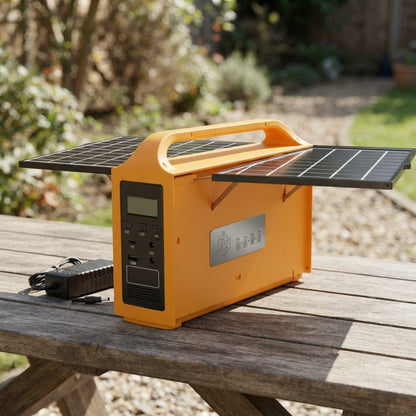 Portable solar power bank on bare rock at a campsite