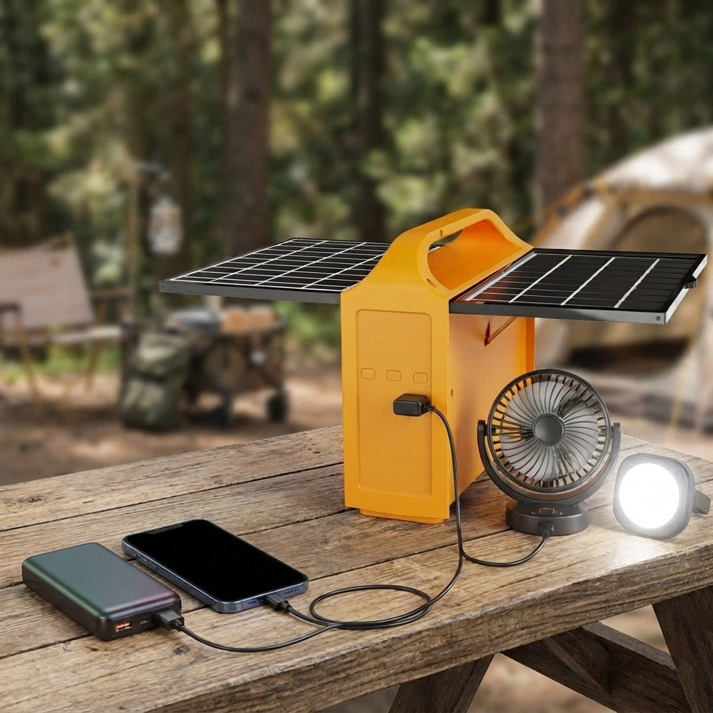 Camping powerbank solar unit connected to a folding solar panel