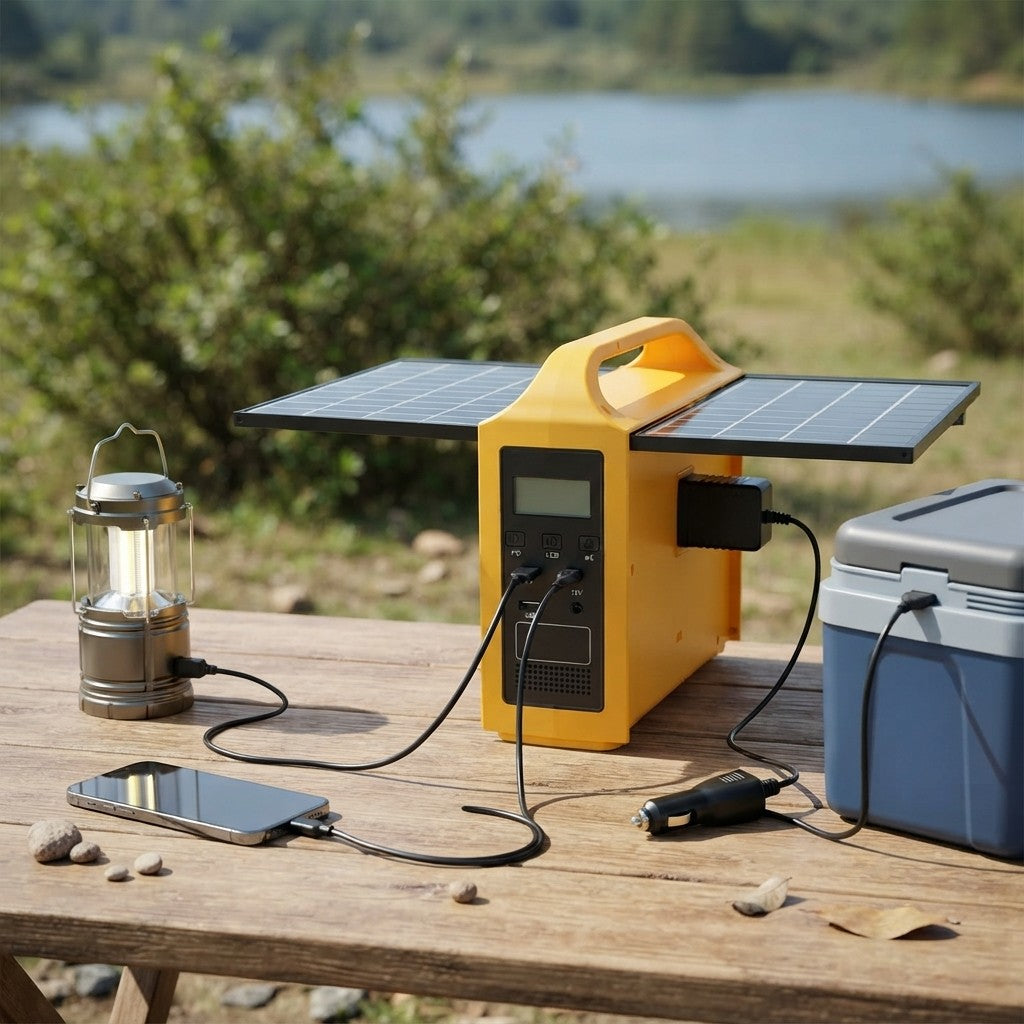 Solar power station 100W with its AC socket and USB outputs in view