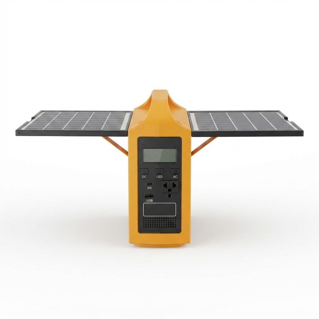 Solar power station 100W portable solar power bank on a plain background