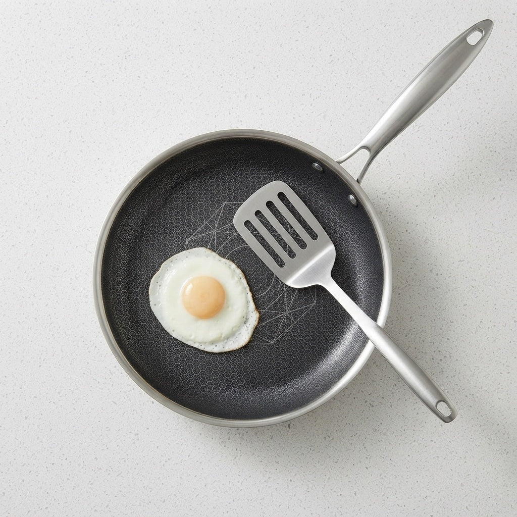etched nonstick frying pan with a metal spatula and a fried egg