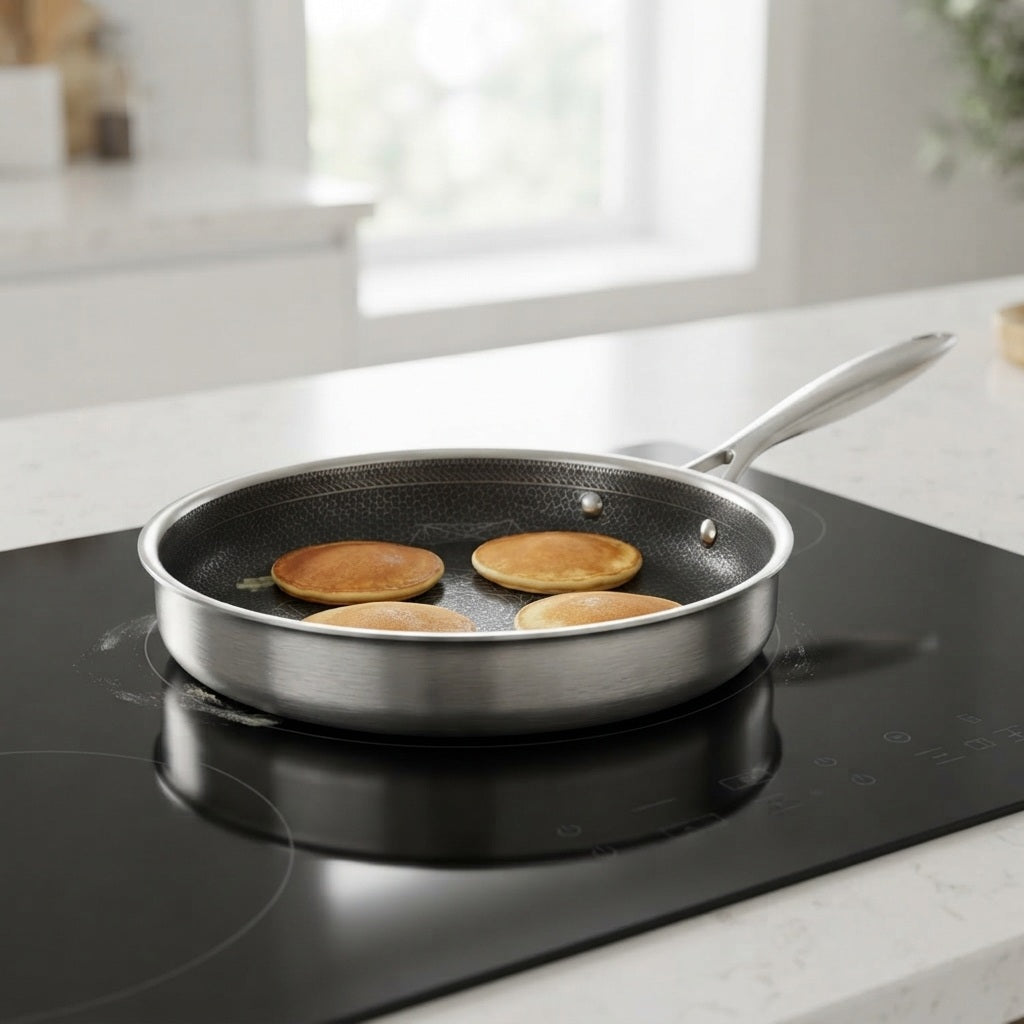 stainless steel frying pan on an induction hob with four evenly browned pancakes