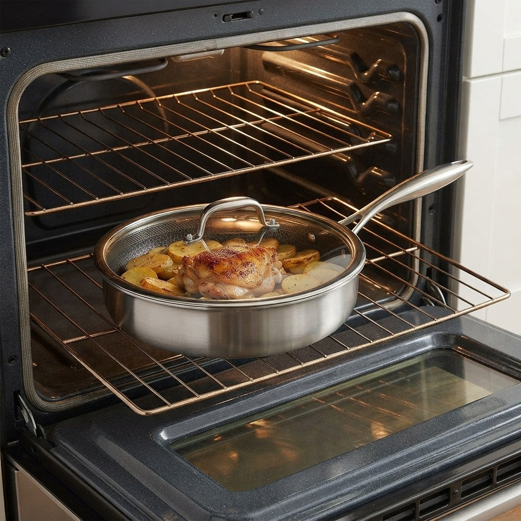 stainless steel saute pan with chicken and potatoes inside a hot oven