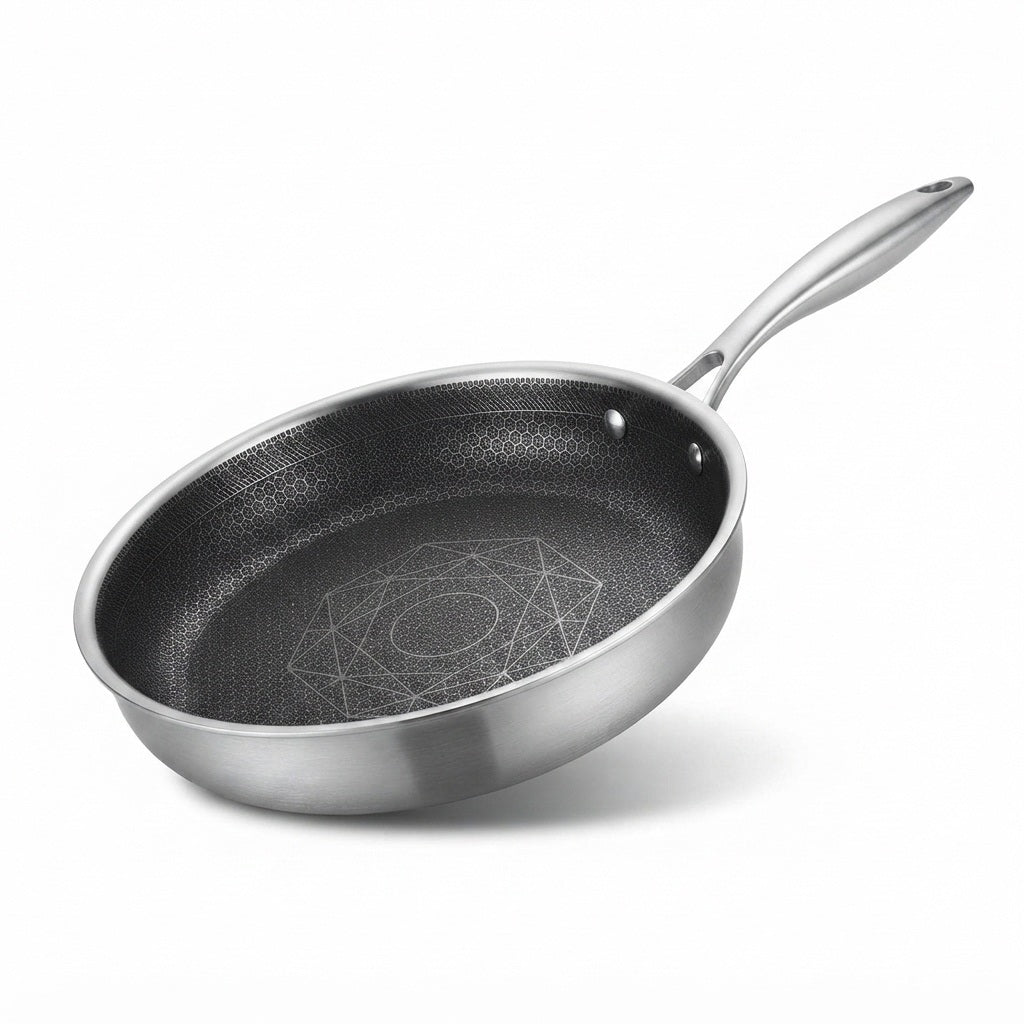 eight inch tri-ply frying pan on a white background showing the etched surface