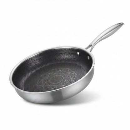 eight inch tri-ply frying pan on a white background showing the etched surface