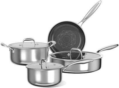 stainless steel cookware set shown as supplied, four pans and three glass lids