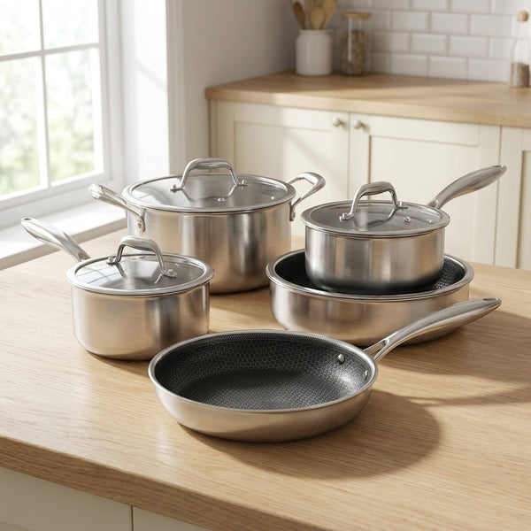 seven piece stainless steel cookware set on a kitchen worktop