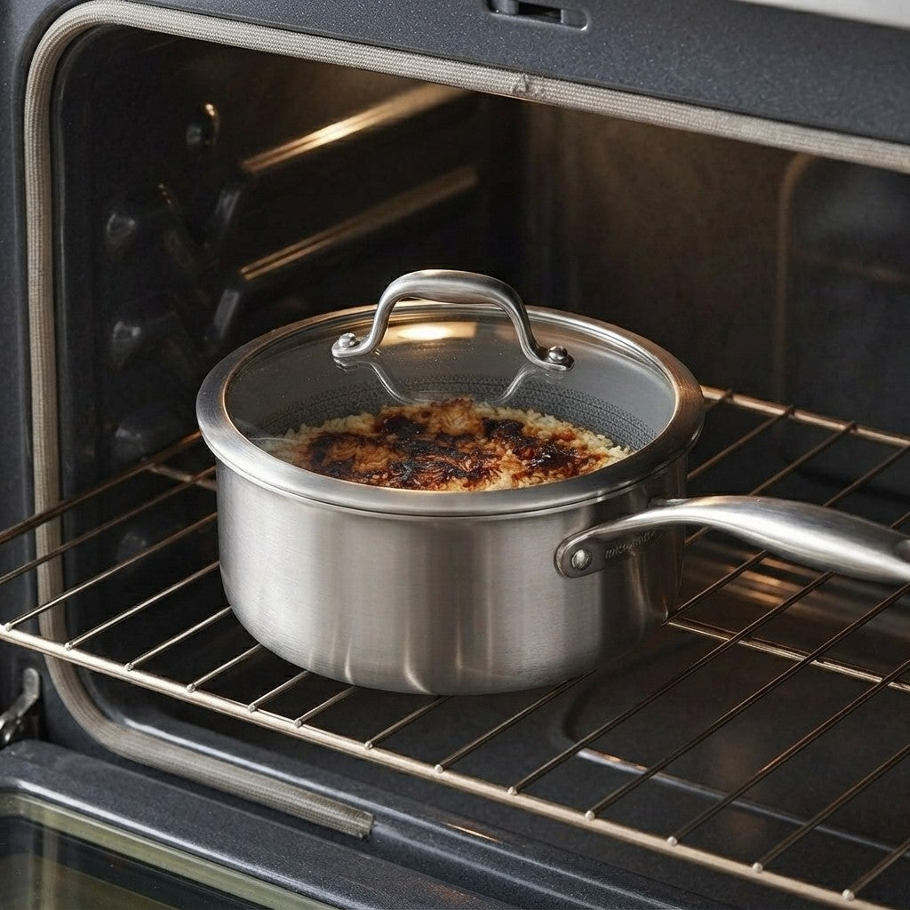 stainless steel pot with a glass lid baking inside a hot oven