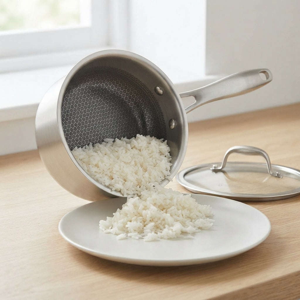 stainless steel saucepan with cooked rice sliding off the etched nonstick interior