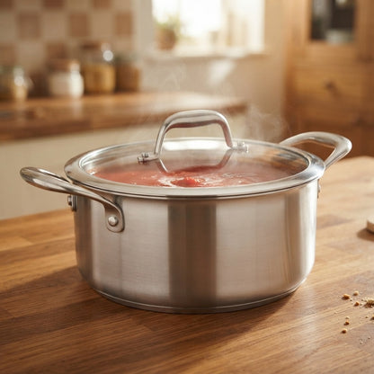 five quart stainless steel stockpot of soup with stay-cool side handles