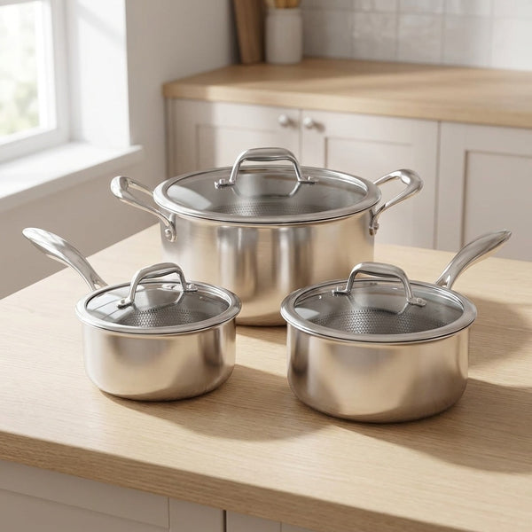 six piece stainless steel pot set with glass lids on a kitchen worktop